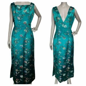 VTG 40's Traditional Teal Silk Jacquard Sleeveless Cheongsam Qipao Maxi Dress
